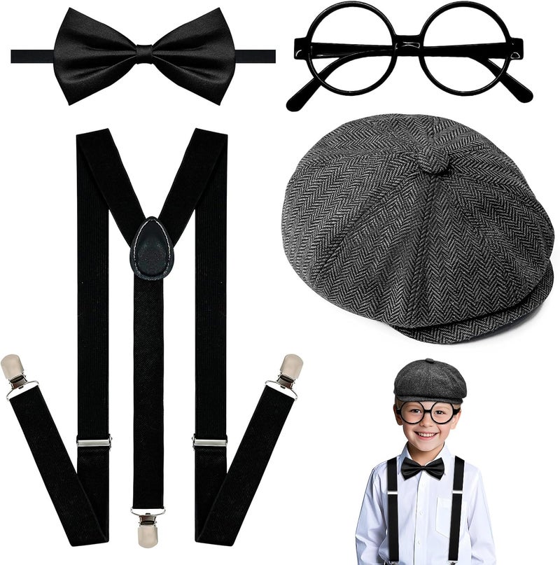 GZJINYUAN 4Pcs Kids Boys Suspenders Bowtie Set with Black Glasses Newsboy Cap for Boy Girl Wedding 100 Days of School Costume - Image 1